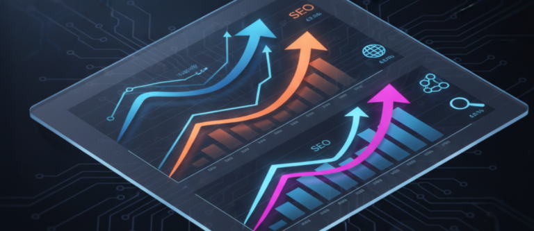 Tablet ekranında yukarı yönlü SEO sıralama grafikleri