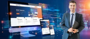 Web tasarım ekranlarının önünde gülümseyen takım elbiseli adam