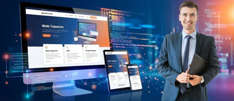 Web tasarım ekranlarının önünde gülümseyen takım elbiseli adam