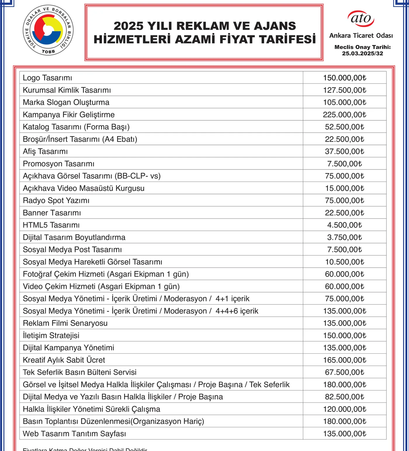 Ankara Ticaret Odası azami fiyat tarifesinde Web Tasarım Tanıtım Sayfası 135.000 TL satırı