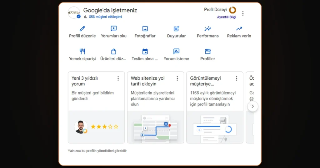 Google Arama’da işletme adı arandığında açılan Google İşletme Profili yönetim menüsü