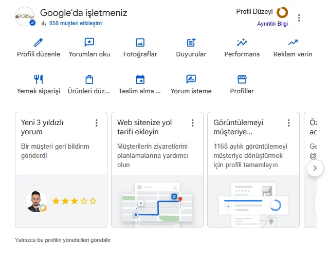 Profili düzenle, yorumları oku, fotoğraflar ve performans seçeneklerini gösteren yönetim menüsü