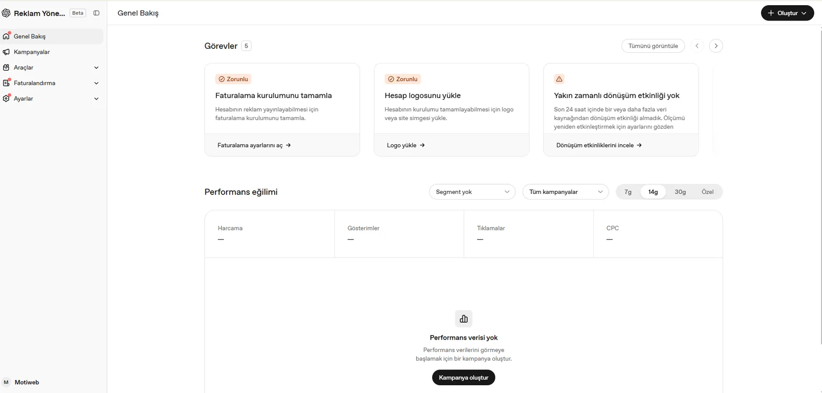 OpenAI Ads Manager Genel Bakış ekranında zorunlu faturalama ve logo görevleri